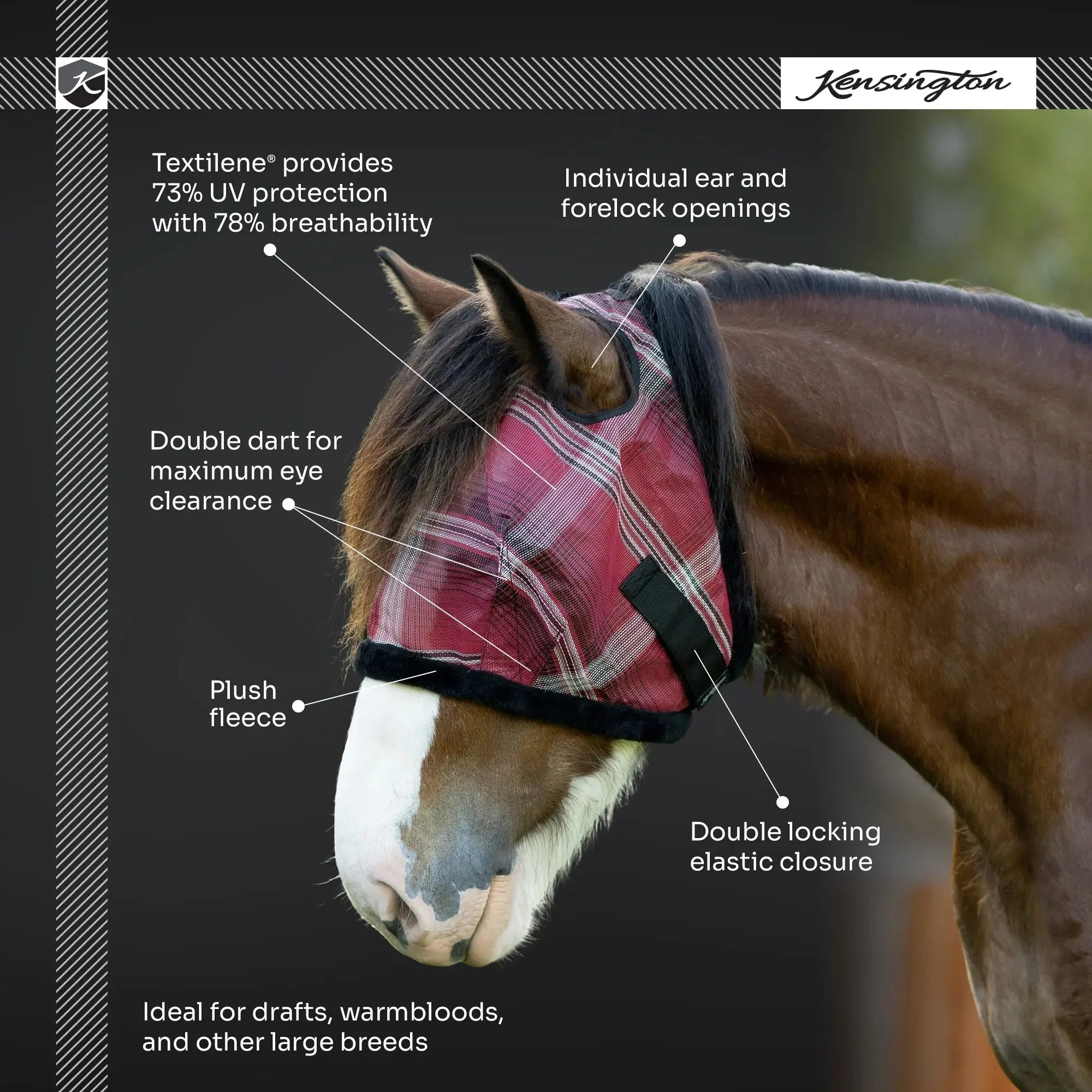 Draft Fly Mask with Fleece Trim - Dual Ear Holes - 73% UV Blocking - Image 9