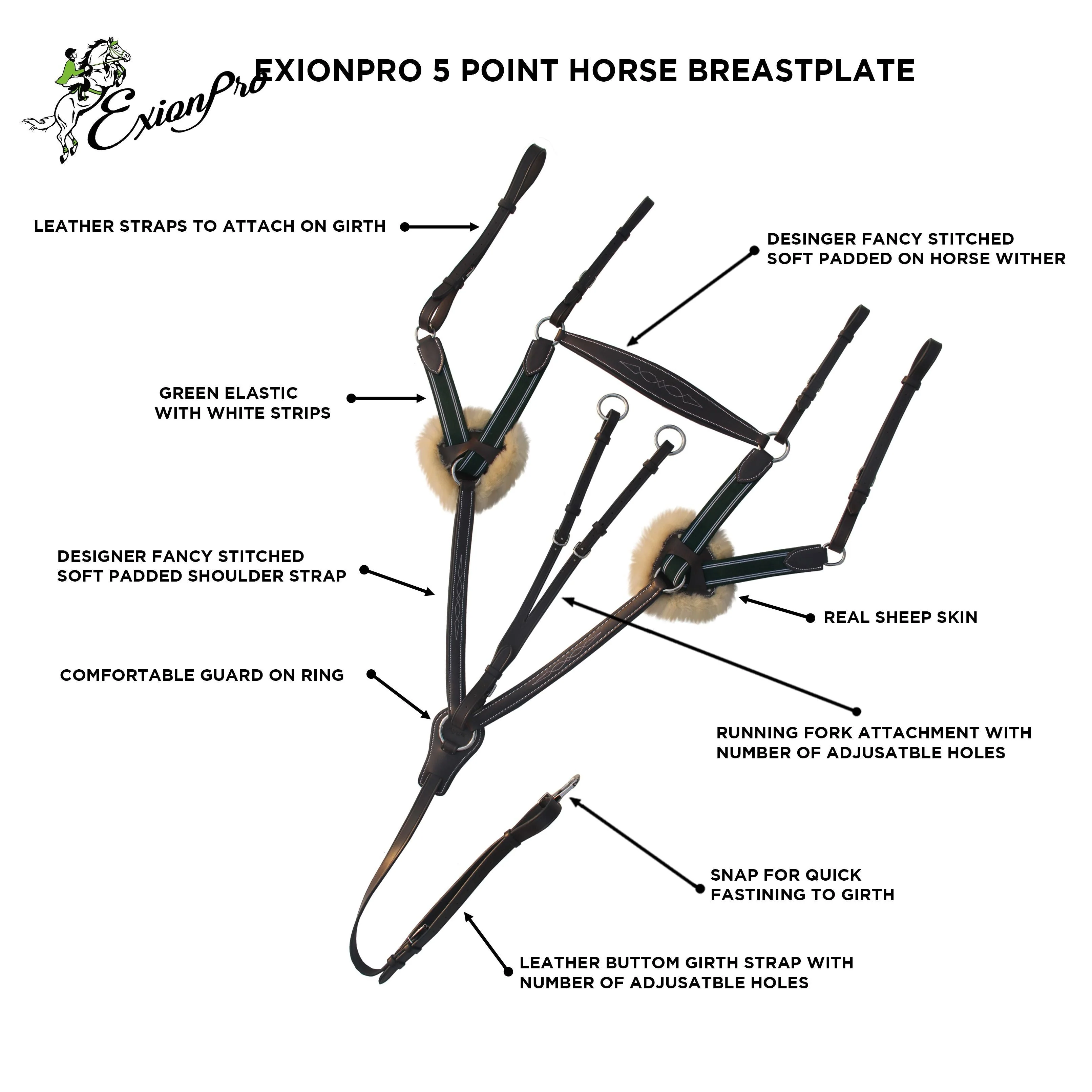 ExionPro 5 Point Breastplate with Sheepskin Padding - Green Elastic & White Lines - Image 6