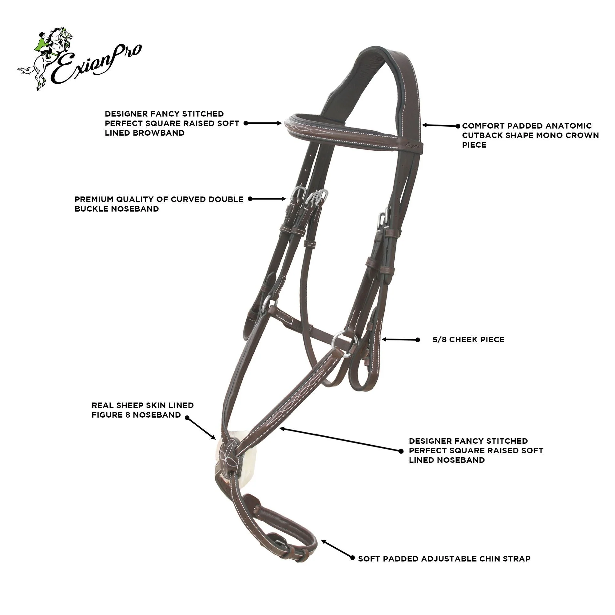 ExionPro Fancy Stitched Figure 8 Bridle w/Rubber Reins - Image 5